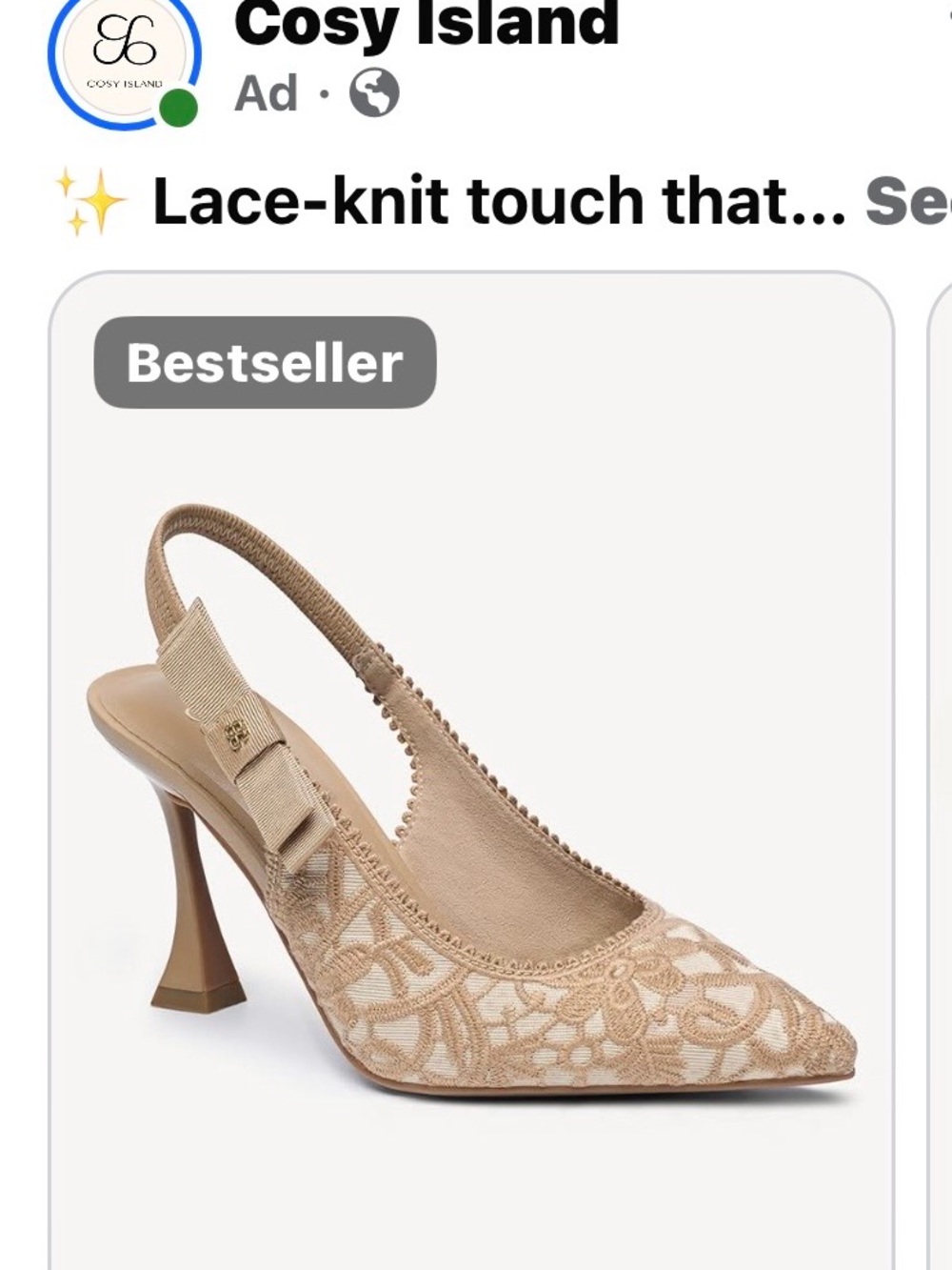 Cosy Island Beige Lace Slingback Heels with Bow Accent
